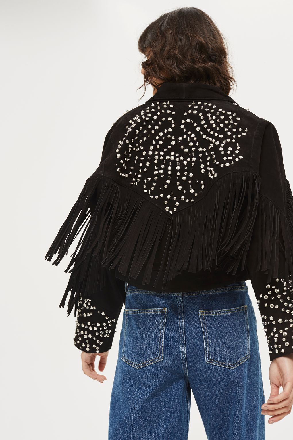 Black Suede Leather Fringe Stud Jacket For Women WWJ537