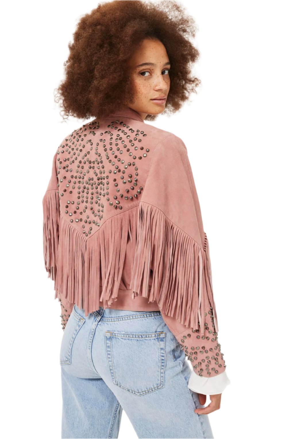 Beige Suede Leather Fringe Studded Jacket For Women WWJ678