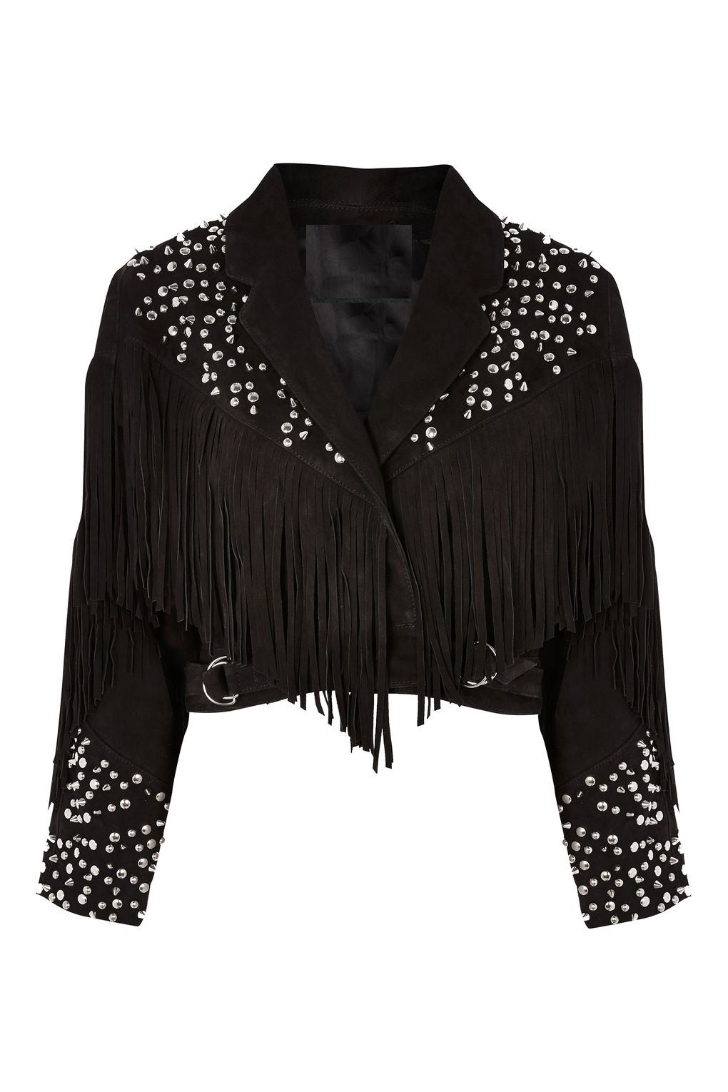 Beige Suede Leather Fringe Studded Jacket For Women WWJ678