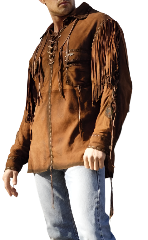 Men's Western Brown Buckskin Suede Hide Mountain Man Fringe Shirt MMS113