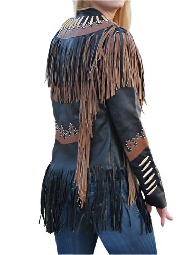 Black & Brown Leather Fringe Biker Jacket For Women WWJ749