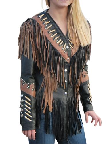 Black & Brown Leather Fringe Biker Jacket For Women WWJ749