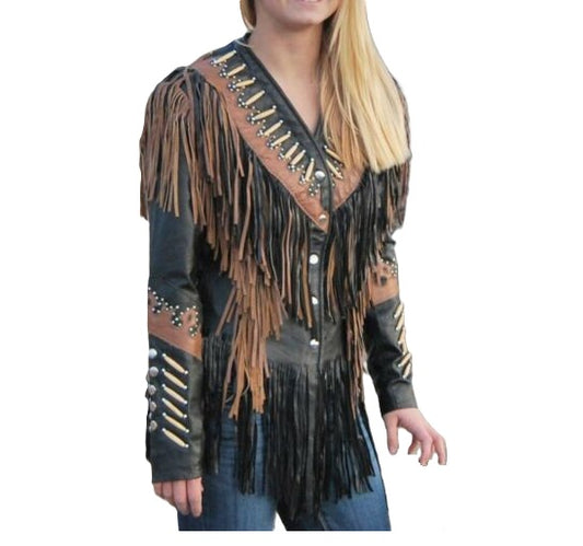 Cowgirl Black Leather Fringe Bone Work Jacket WWJ560