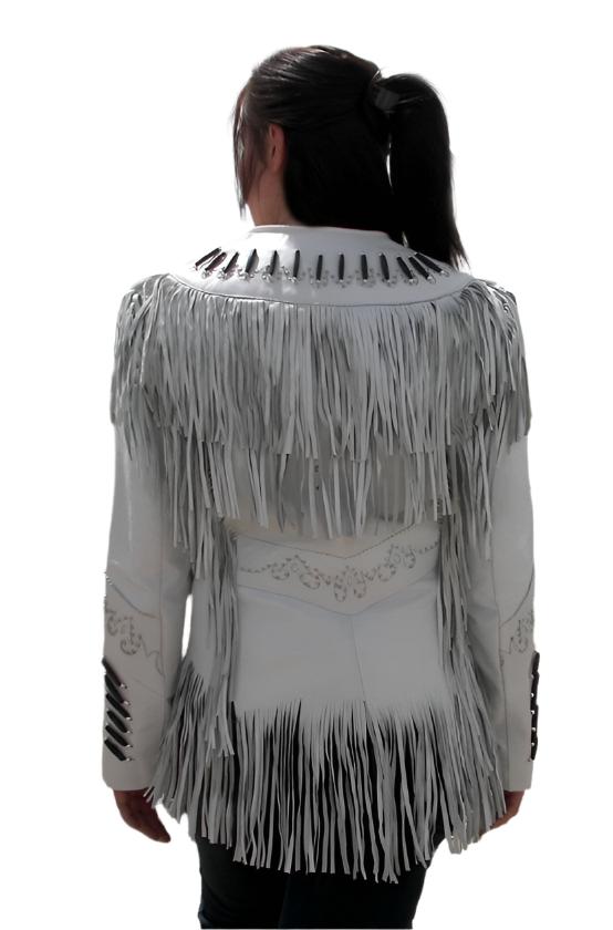 Cowgirl White Leather Fringe Bone Work Jacket WWJ774