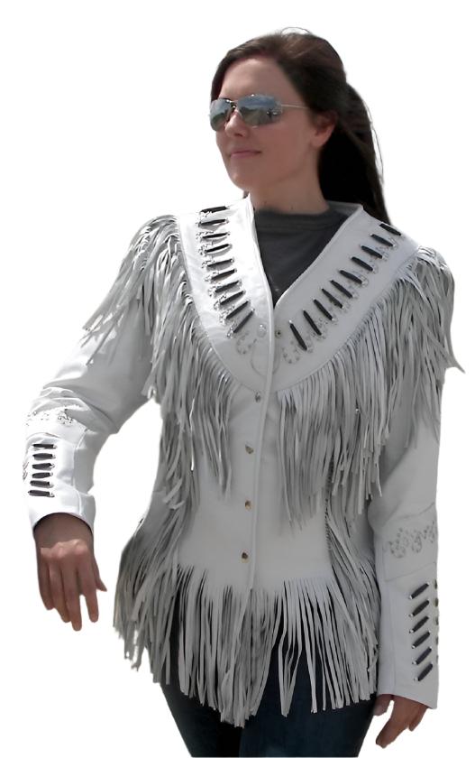 Cowgirl White Leather Fringe Bone Work Jacket WWJ774