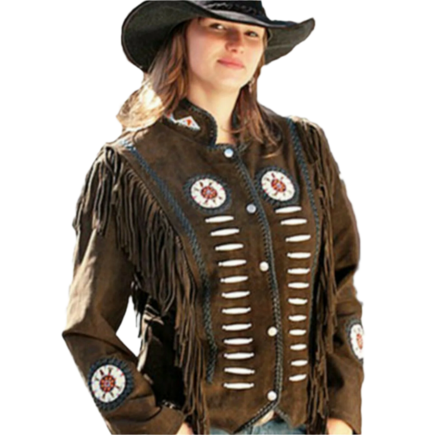 Cowgirl Dark Brown Suede Fringe Bone Beaded Jacket WWJ771