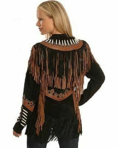 Black & Brown Leather Fringe Biker Jacket For Women WWJ749