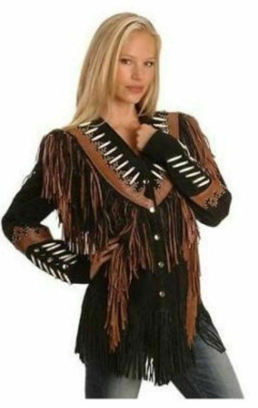 Black & Brown Leather Fringe Biker Jacket For Women WWJ749