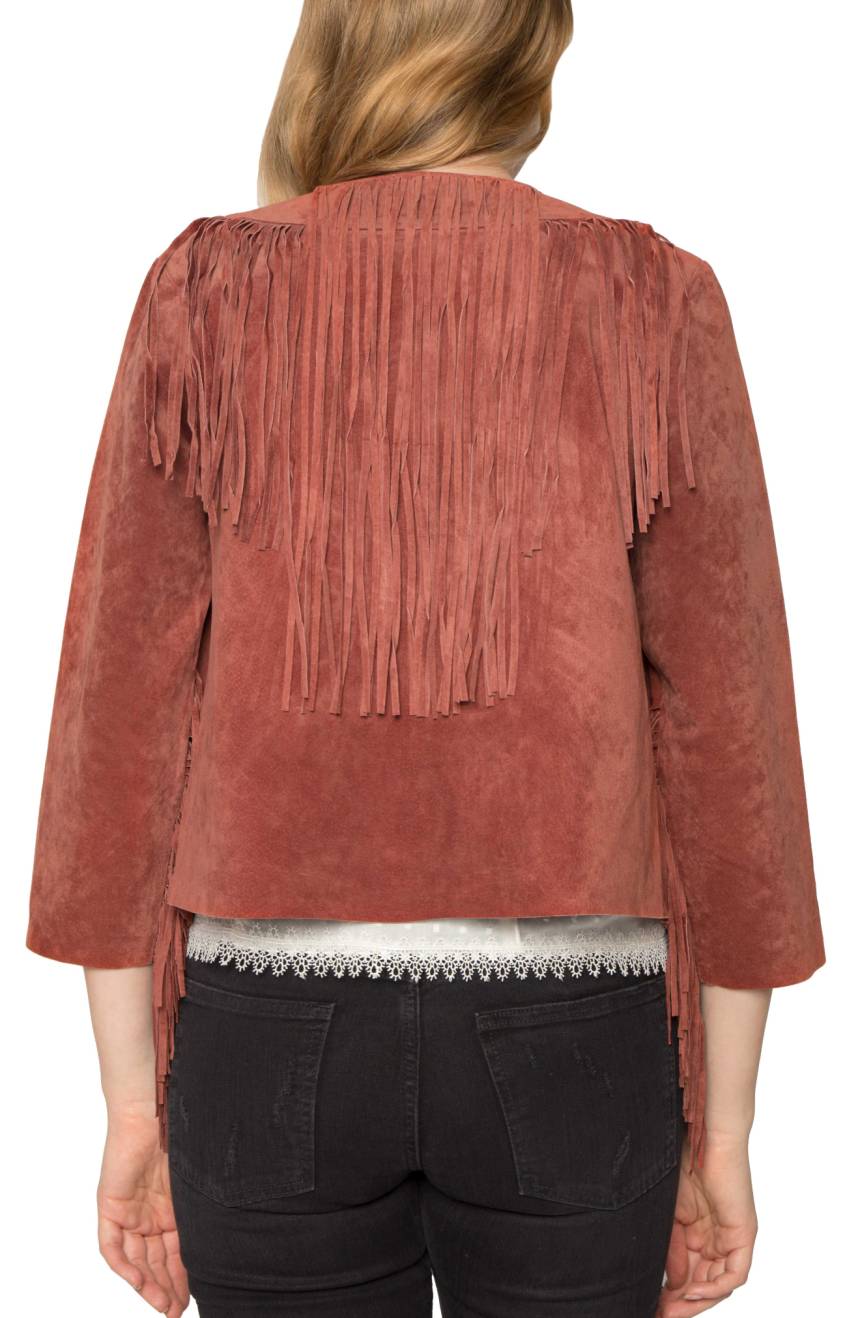 Brown Suede Leather Fringes Jacket For Women WWJ636