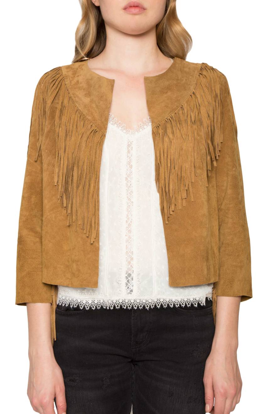 Brown Suede Leather Fringes Jacket For Women WWJ636