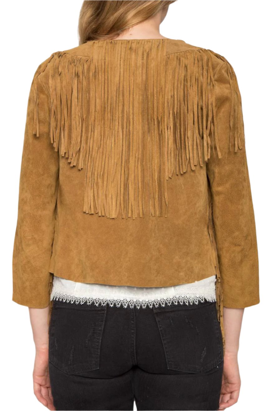 Brown Suede Leather Fringes Jacket For Women WWJ636