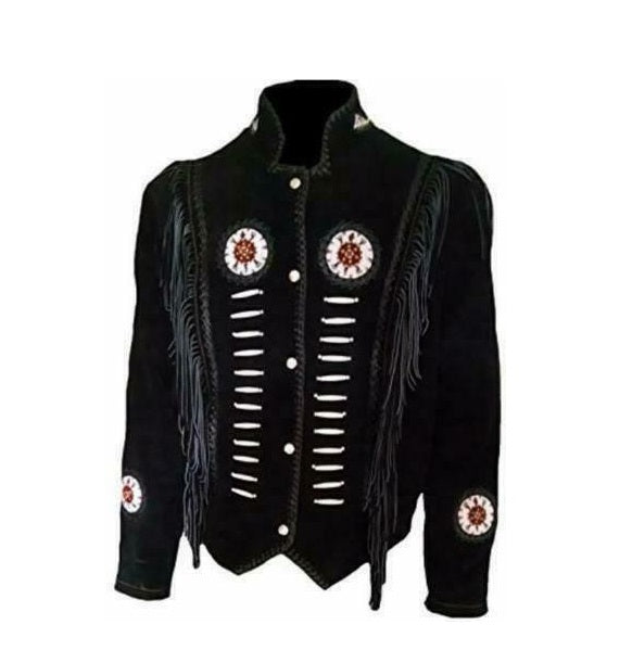 Black Suede Leather Fringe Bone Beaded Jacket For Women WWJ750