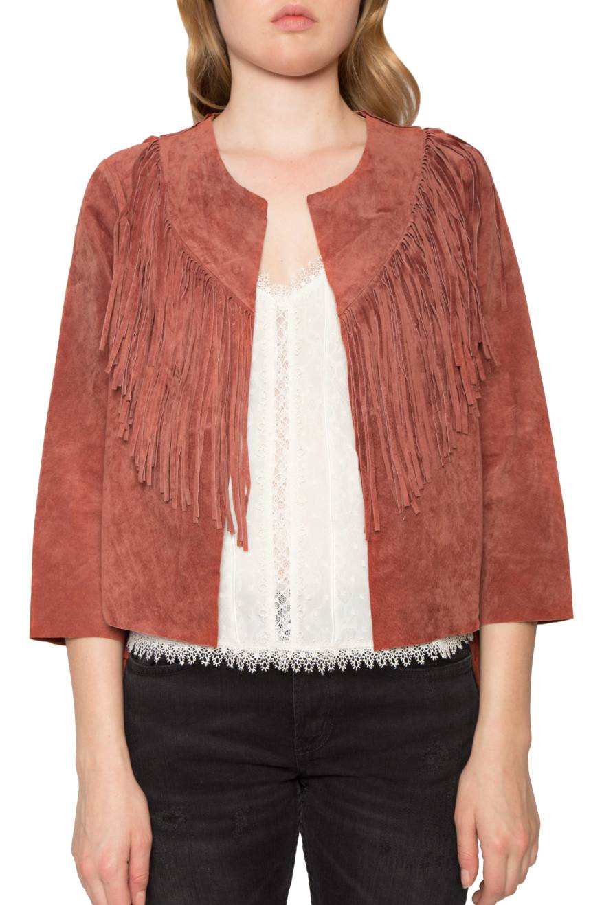 Brown Suede Leather Fringes Jacket For Women WWJ636