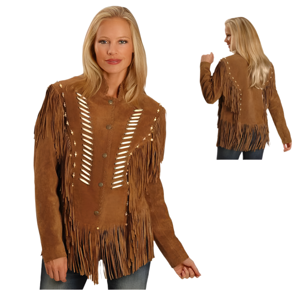 Cowgirl Brown Suede Leather Fringe Bones Jacket WWJ637