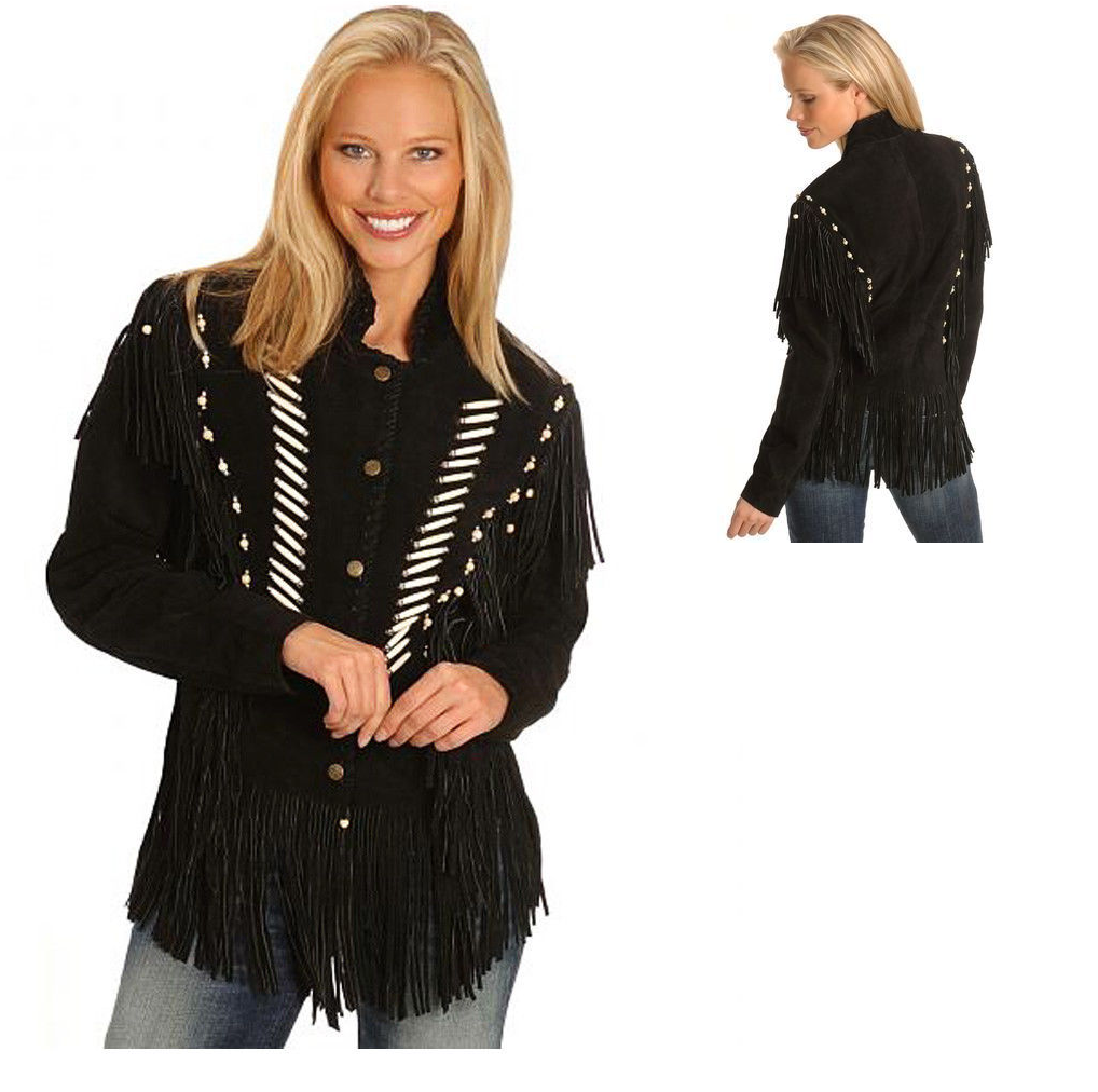 Black Suede Leather Fringe Bone Jacket For Women WWJ538