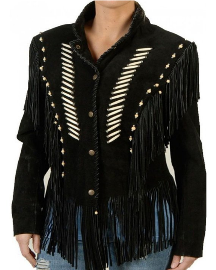 Black Suede Leather Fringe Bone Jacket For Women WWJ538