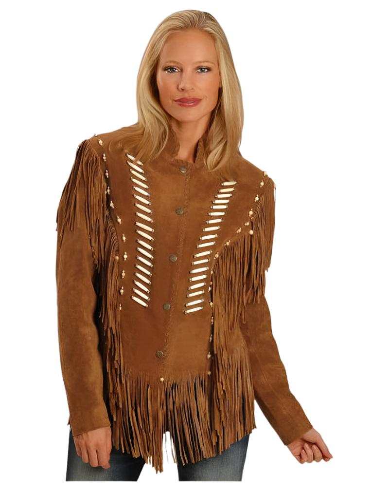 Cowgirl Brown Suede Leather Fringe Bones Jacket WWJ637