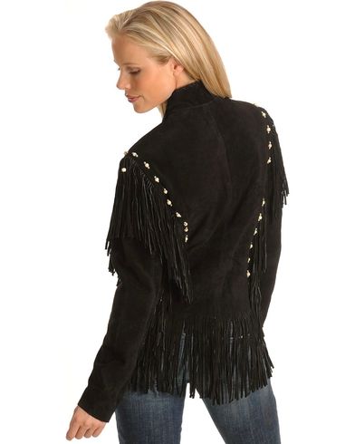 Black Suede Leather Fringe Bone Jacket For Women WWJ538