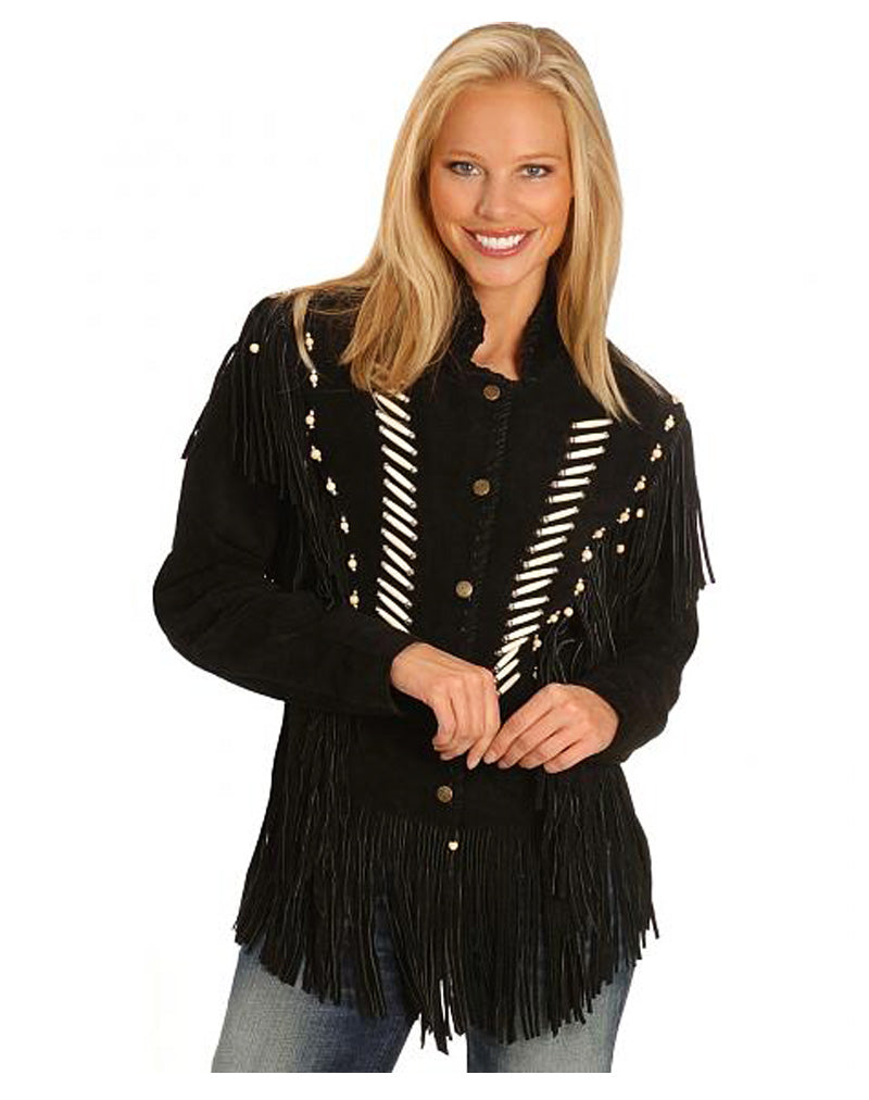 Black Suede Leather Fringe Bone Jacket For Women WWJ538