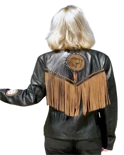 Black Leather Fringe Beaded Jacket For Women WWJ751