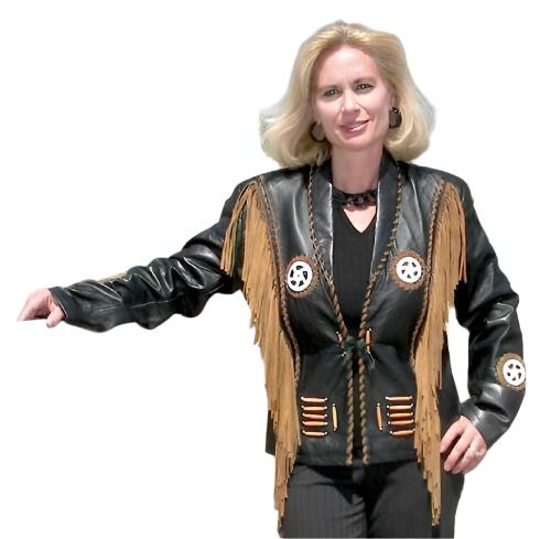 Black Leather Fringe Beaded Jacket For Women WWJ751