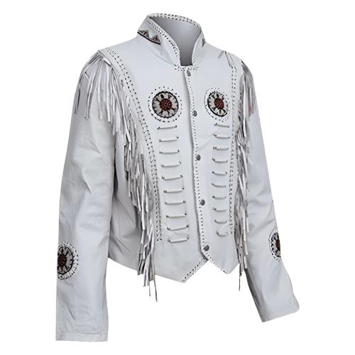 Cowgirl White Leather Fringes Beaded Jacket WWJ775