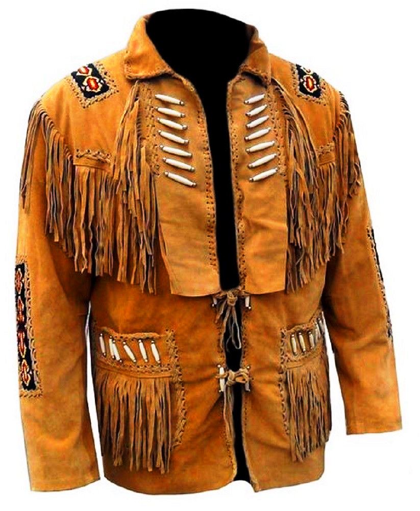 Men's Western Brown Buckskin Suede Leather Beaded Fringes Jacket MWJ11