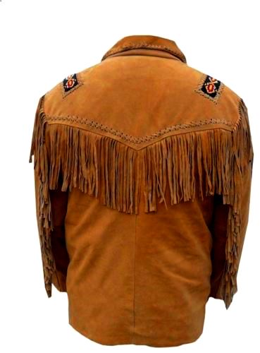 Men's Western Brown Buckskin Suede Leather Beaded Fringes Jacket MWJ11