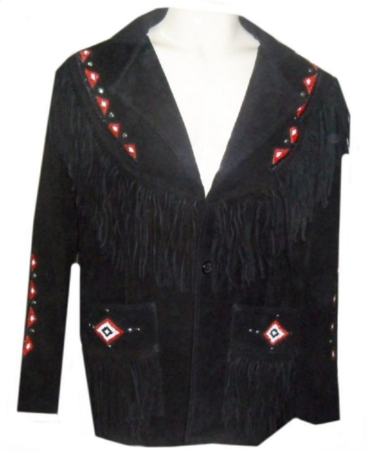 Men's Western Black Suede Leather Fringe Beaded Jacket MW860