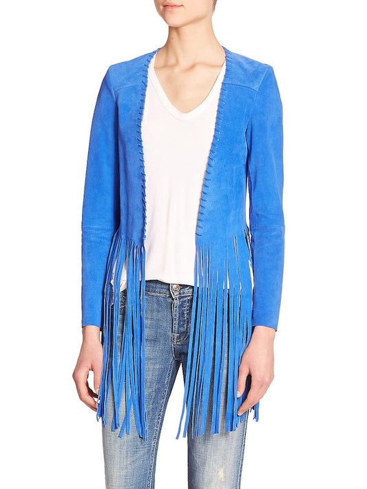 Blue Suede Leather Long Fringe Open Jacket For Women WWJ526