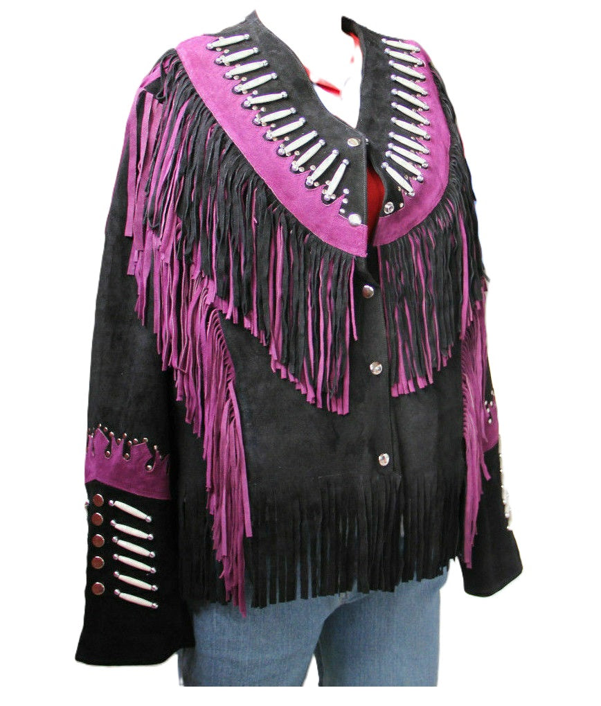 Black Suede Leather Fringes & Bone work Cowgirl Jacket WWJ562