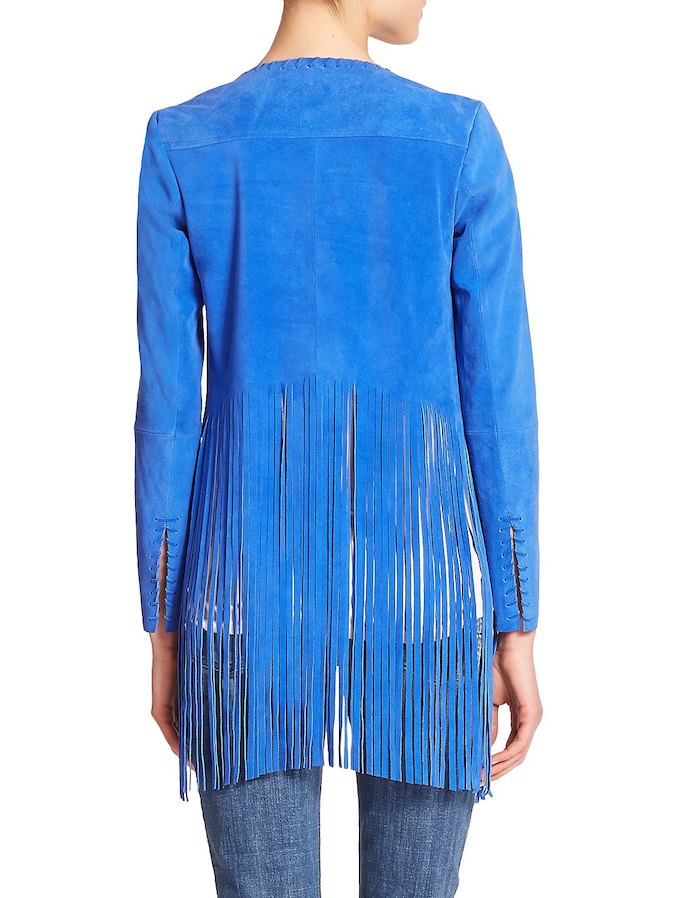 Blue Suede Leather Long Fringe Open Jacket For Women WWJ526