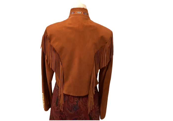 Cowgirl Brown Suede Leather Fringe Bone Work Jacket Warrior Style WWJ772