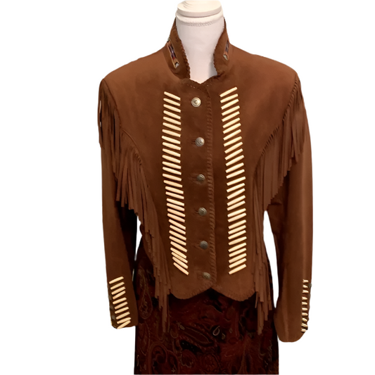 Cowgirl Brown Suede Leather Fringe Bone Work Jacket Warrior Style WWJ772