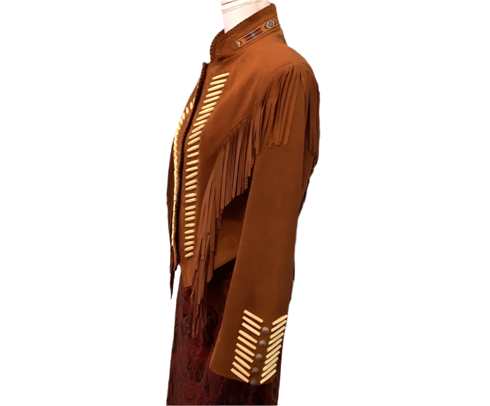 Cowgirl Brown Suede Leather Fringe Bone Work Jacket Warrior Style WWJ772