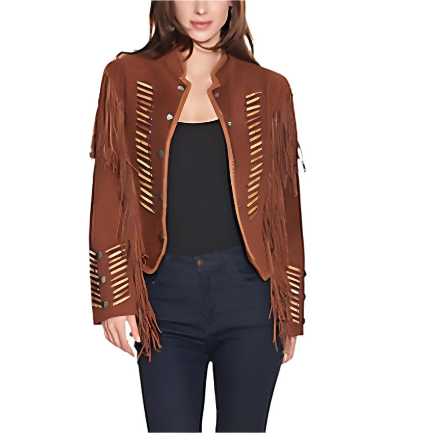 Cowgirl Brown Suede Leather Fringe Bone Work Jacket Warrior Style WWJ772