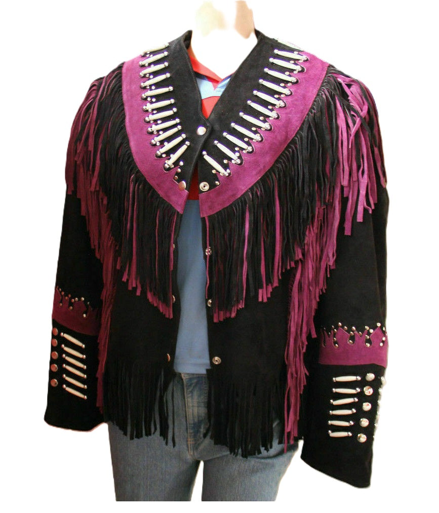 Black Suede Leather Fringes & Bone work Cowgirl Jacket WWJ562