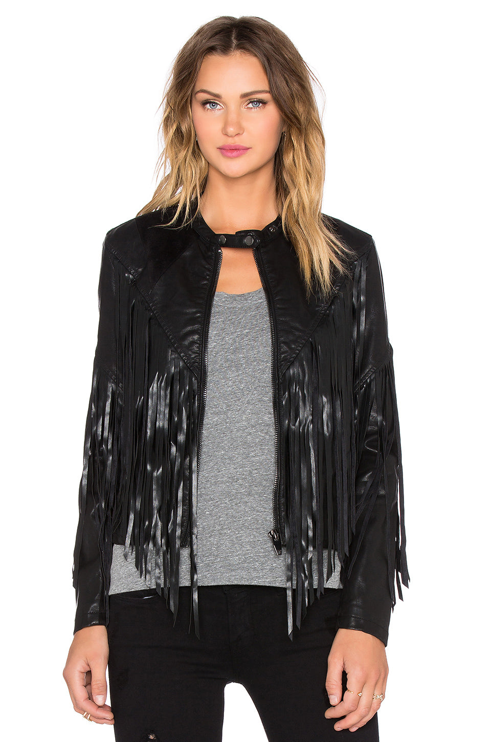 Black Leather Long Fringed Jacket For Women WWJ539