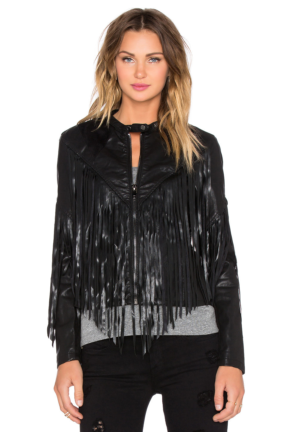 Black Leather Long Fringed Jacket For Women WWJ539