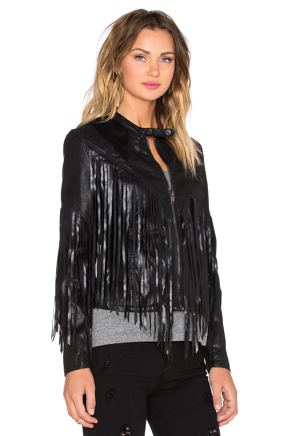 Black Leather Long Fringed Jacket For Women WWJ539