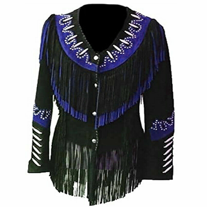 Cowgirl Black & Blue Suede Leather Fringes Silver Stud Jacket WWJ752