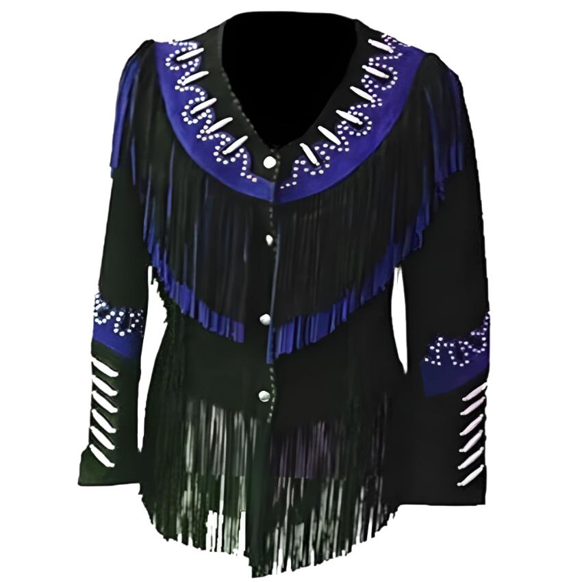 Cowgirl Black & Blue Suede Leather Fringes Silver Stud Jacket WWJ752