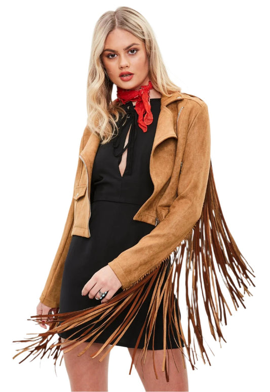 Cowgirl Brown Suede Leather Long Fringe Biker Jacket WWJ639