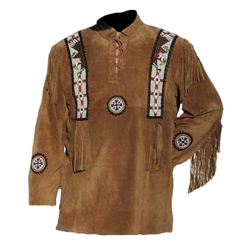 Men's Western Buckskin Suede Hide Mountain Man Shirt Fringe Eagle Beaded MMS124