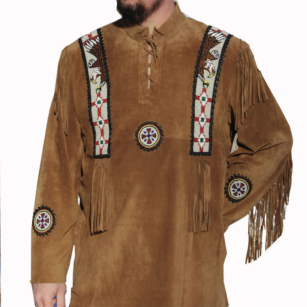 Men's Western Black Buckskin Suede Mountain Man Shirt Fringe Eagle Bead MMS124