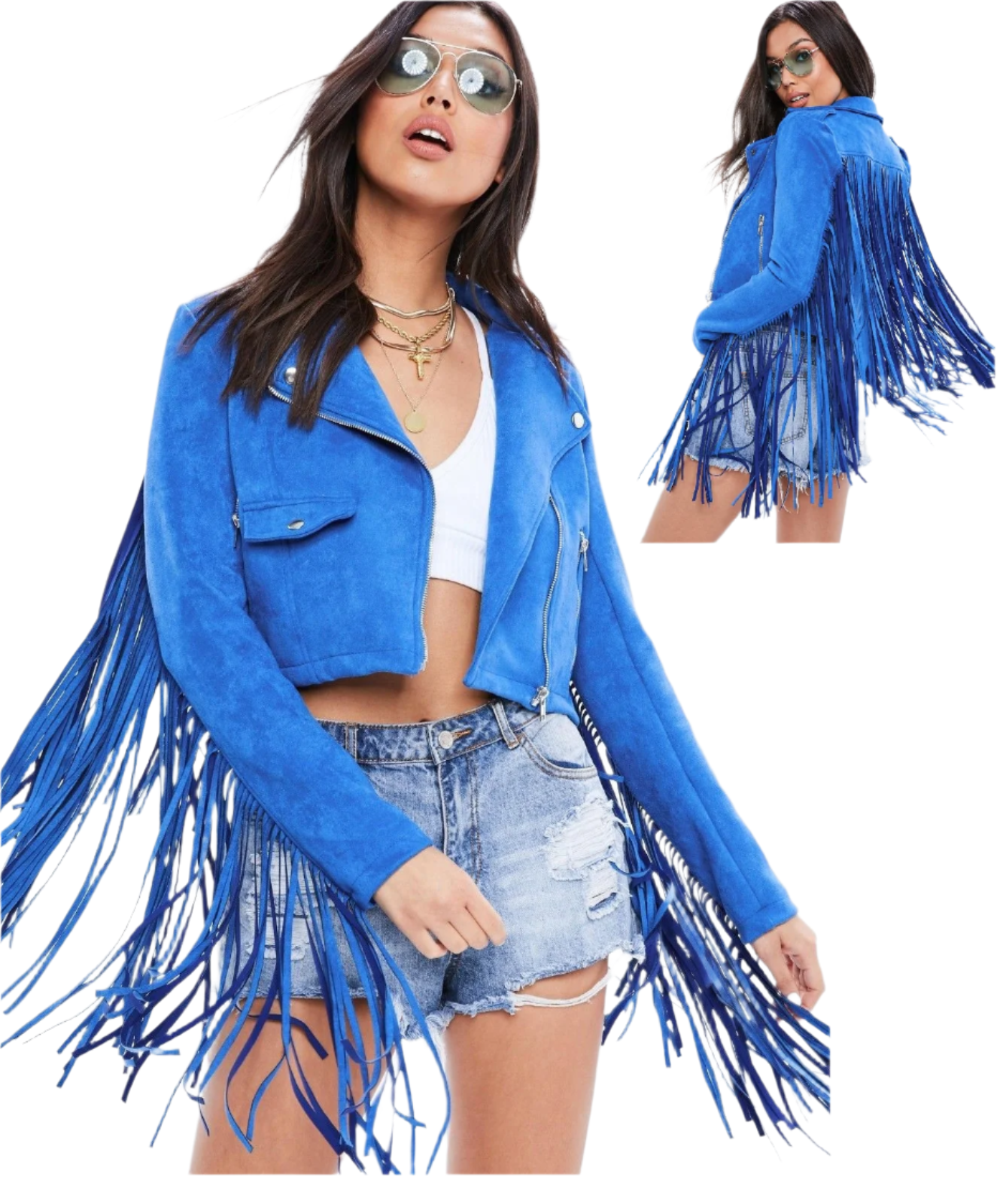 Blue Suede Leather Fringes Biker Jacket For Women WWJ661