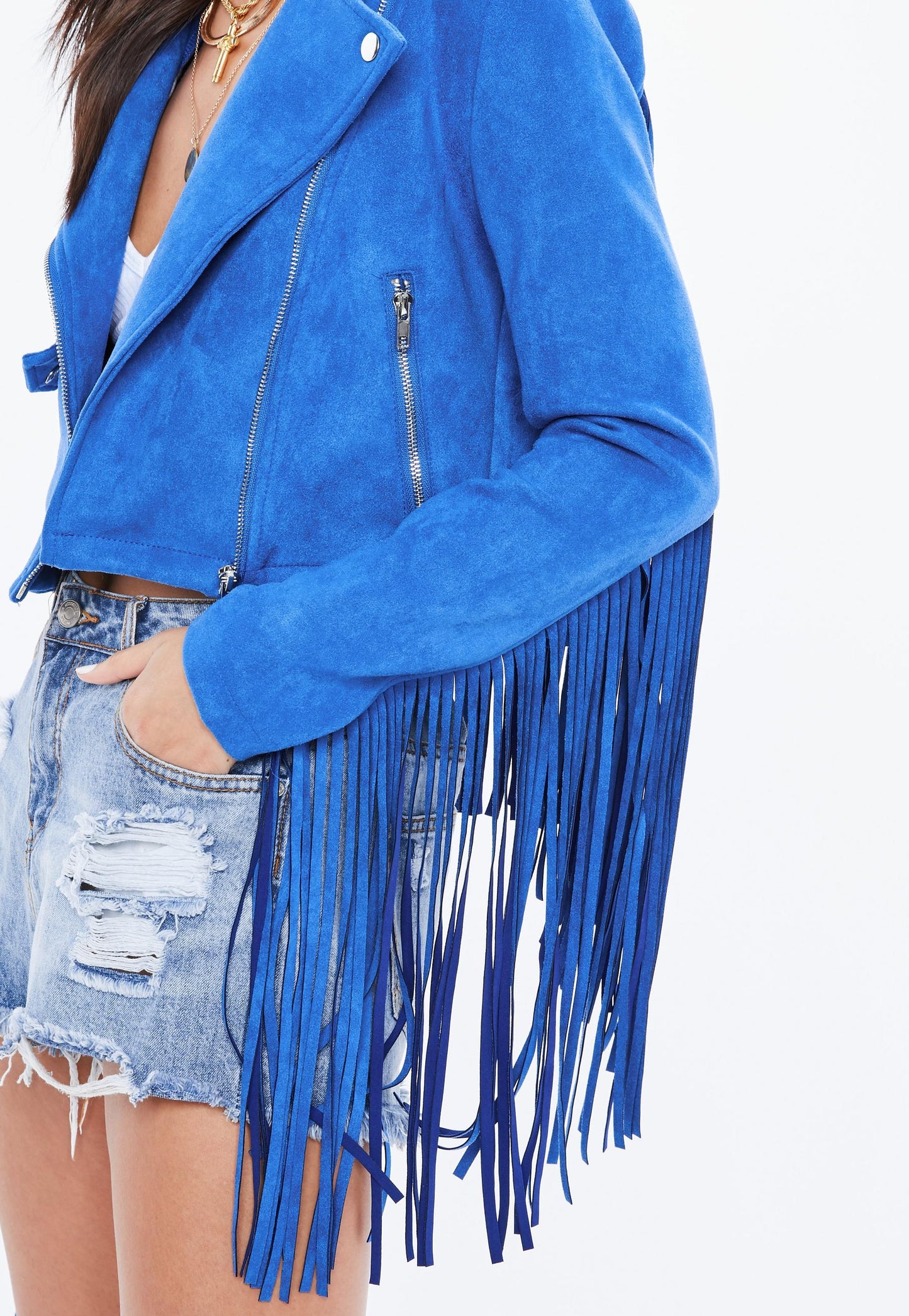 Blue Suede Leather Fringes Biker Jacket For Women WWJ661