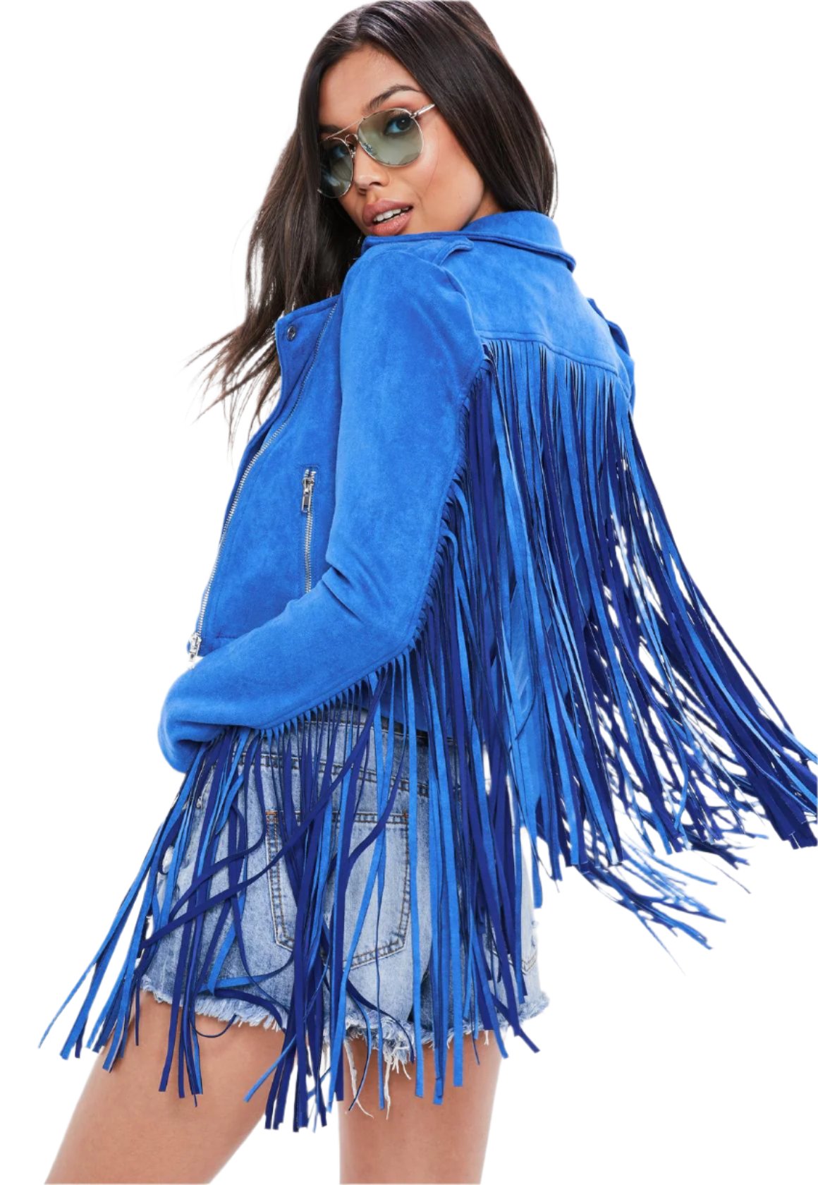 Blue Suede Leather Fringes Biker Jacket For Women WWJ661