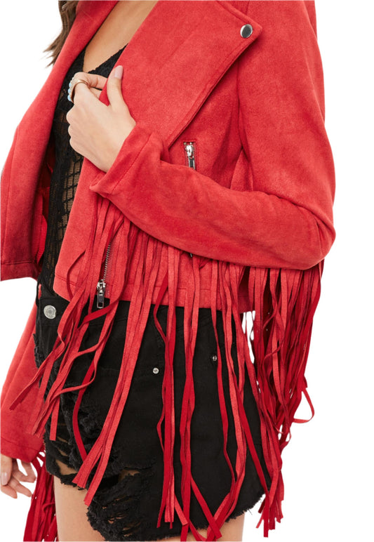 Western Red Suede Leather Long Fringe Cowgirl Jacket WWJ599