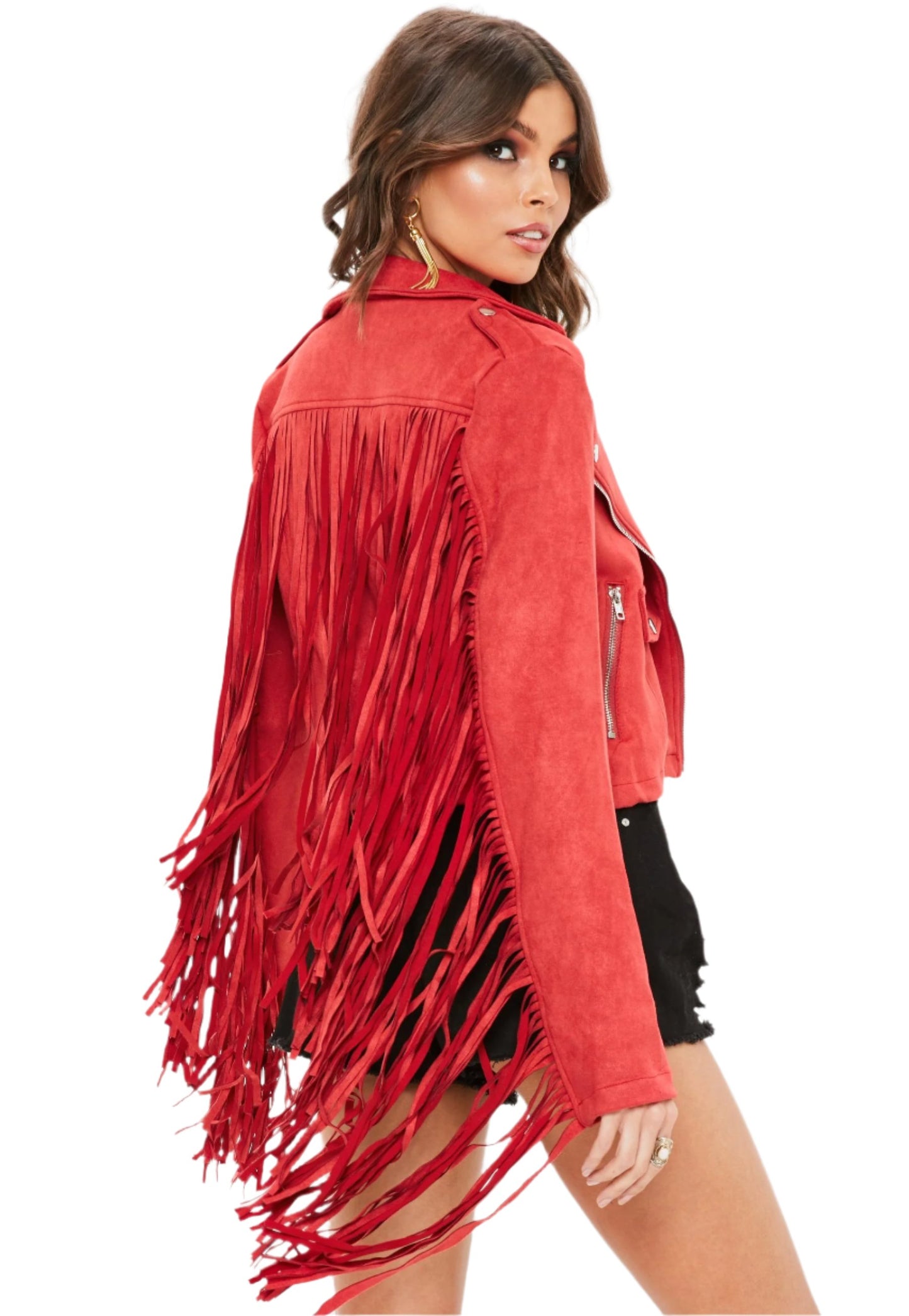 Western Red Suede Leather Long Fringe Cowgirl Jacket WWJ599